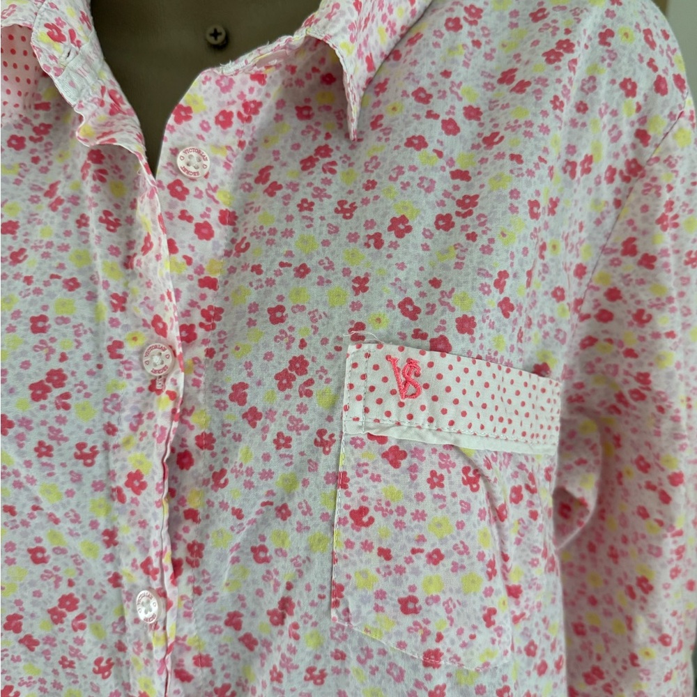 Victoria's Secret Pink and White Polka Dot /floral long cotton nightshirt LARGE